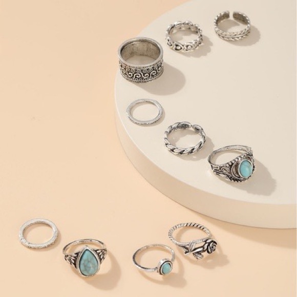Set of 10 Turquoise and Silver Finger Rings Various Sizes - Picture 4 of 4